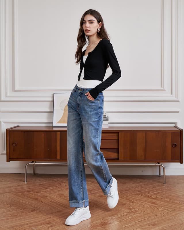 Detalle de UPNET Women’s High-Waisted Stretch Straight-Leg Jeans with Tummy Control & Raw Hem