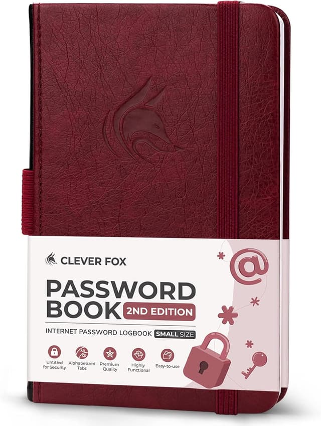 Detalle de Clever Fox Password Book 2nd Edition Small (Wine Red) – Pocket password keeper with laminated alphabetical tabs