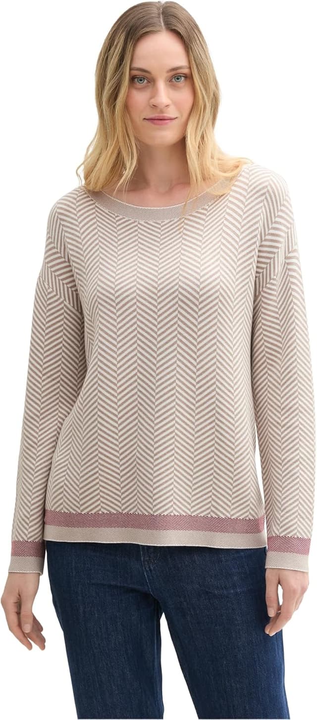 Detalle de TOM TAILOR Pullover donna con motivo a spiga e righe al fondo