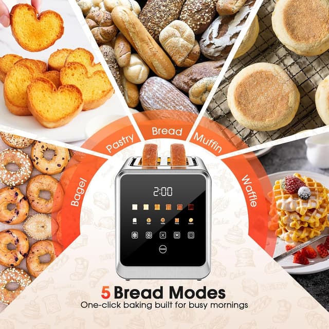 Detalle de Toaster 2 Slice with Touchscreen, 1.5-Inch Wide Slots & Memory Recall (900W Stainless Steel Smart Digital Toasters)