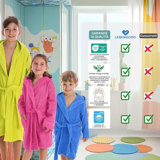 Detalle de LEBENGOOD accappatoio bambino e bambina in 100% cotone con cappuccio, 2 tasche e cintura (unisex)
