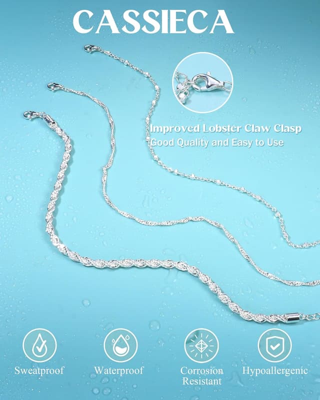 Detalle de CASSIECA Silber/Gold Fußkettchen Set (925 Sterling Silber) – verstellbar, stapelbar, wasserfest