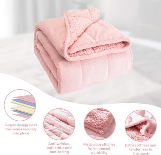 Detalle de Cottonblue Queen Size 15lb Sherpa Weighted Blanket (60 x 80 in) in Blush Pink