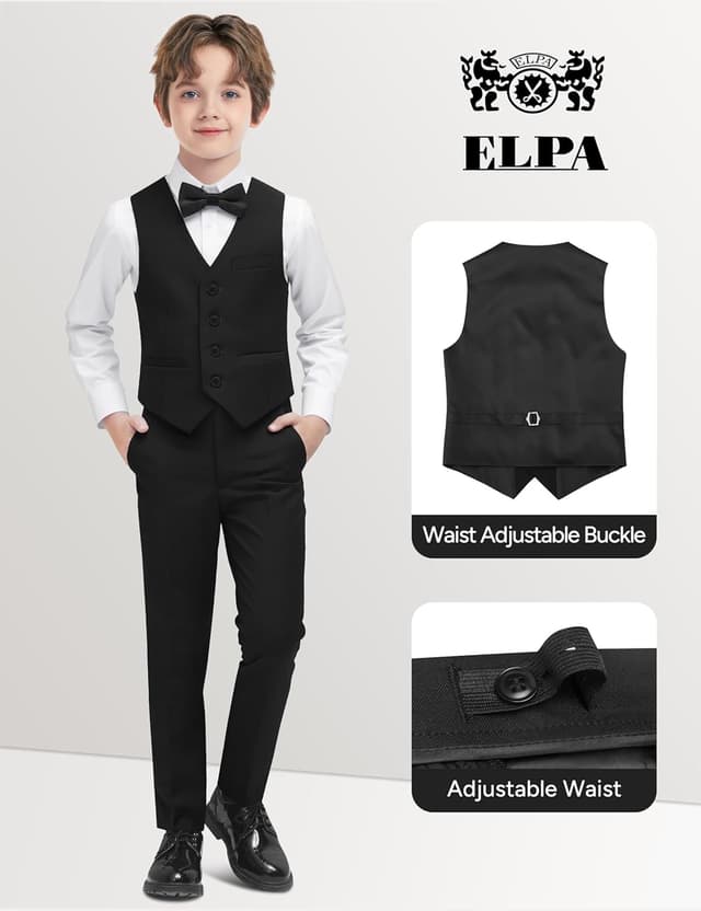 Detalle de ELPA Boys’ Formal Suit Vest Set with Suspenders (Shirt, Lined Vest, Pants, Pre-Tied Tie)