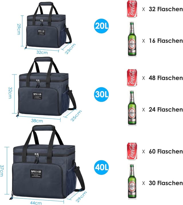 Detalle de SPGOOD Kühltasche (20L/30L/40L) faltbar – isolierte Thermotasche für Picknick, Strand & Camping in Blau