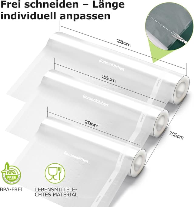 Detalle 2 de Bonsenkitchen Vakuumrollen 20/25/28 x 300 cm (3 Rollen) – Profi-Vakuumierfolie für Vakuumierer
