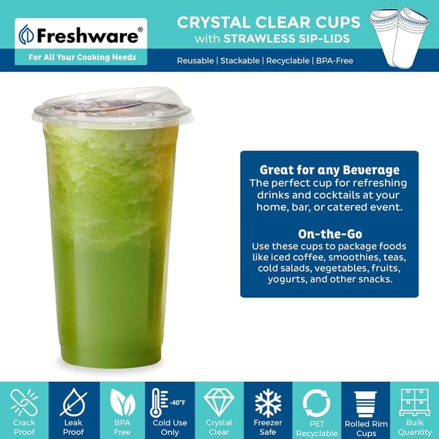 Detalle 2 de Freshware 24 oz Clear Disposable Plastic Cups with Strawless Sip Lids (100 Pack)