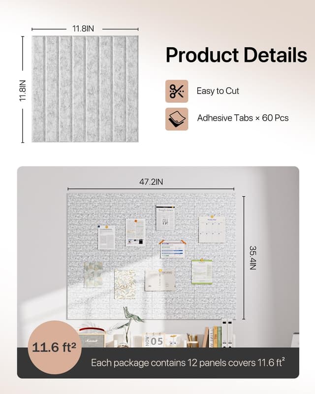 Detalle 2 de Soundsbay Large Cork Board Tiles (120x90cm) with 60 Self-Adhesive Stickers