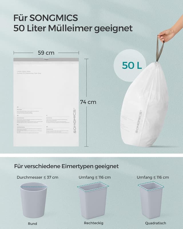 Detalle de SONGMICS Müllbeutel mit Zugband für 50 Liter, hochbelastbar, weiß – 3 Rollen (120 Stück) KRB050A03