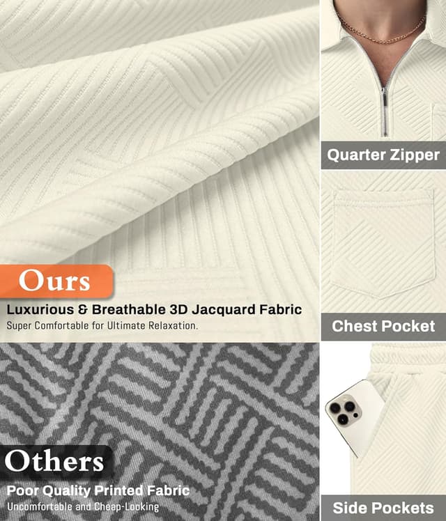 Detalle de QIXING men’s shorts and T-shirt polo set with half-zip (2-piece summer co-ord)