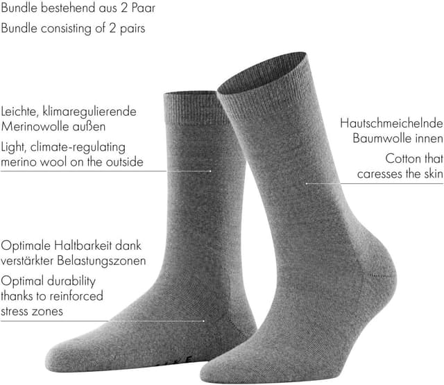 Detalle de FALKE Women’s Softmerino 2-Pack Thin Socks – breathable, odour-neutralising merino-cotton comfort
