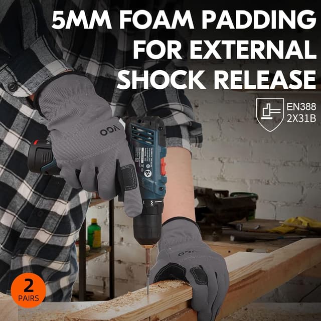 Detalle de Vgo… 2 Pairs Safety Work Gloves (NB7581) – Faux leather palm, touchscreen fingertips, EN388 work gloves in grey, size M