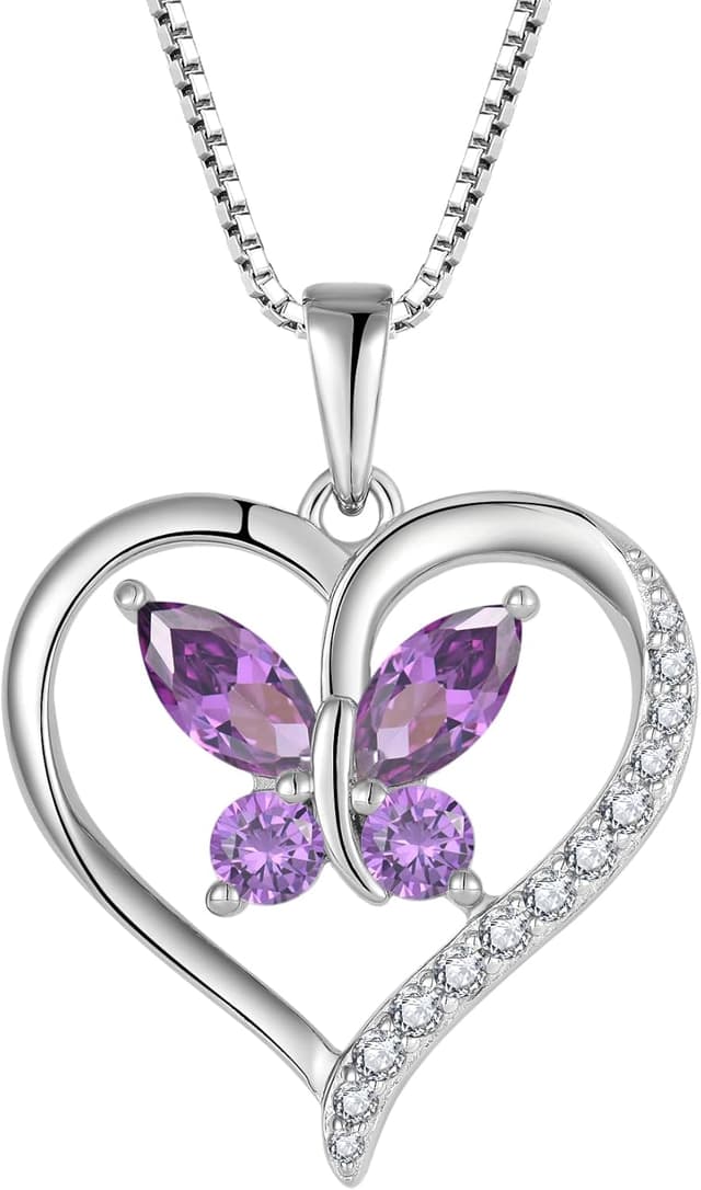 Detalle de FJ Herz-Schmetterling-Kette für Damen aus 925 Sterling Silber mit Geburtsstein & Anhänger