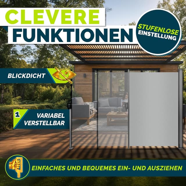 Detalle de tillvex® Seitenmarkise 180 x 400 cm ausziehbar – blickdicht mit Regencover und Wandhalterung