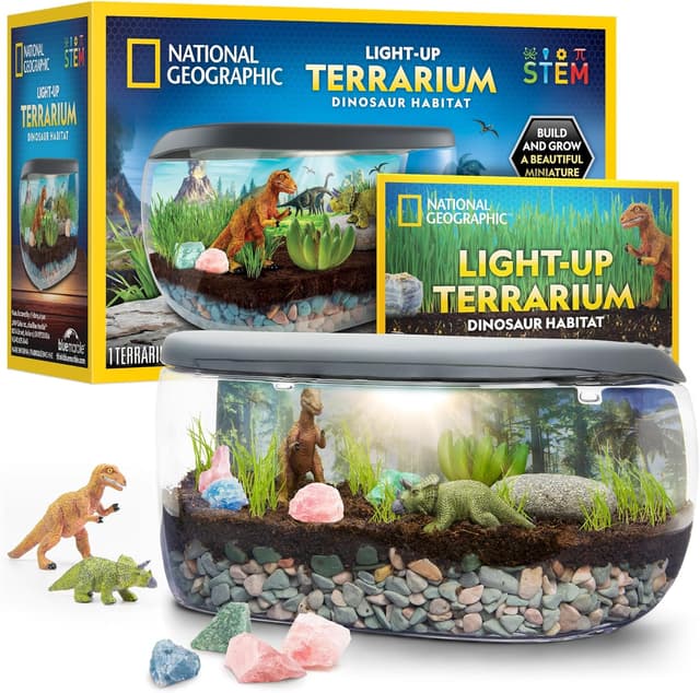 Detalle de Blue Marble National Geographic Light Up Terrarium Kit for Kids — Build a Dinosaur Habitat with Real Plants & Gemstones