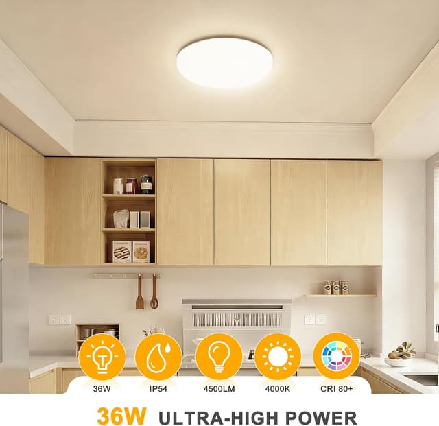 Detalle 2 de LED Deckenlampe 36 W, 4500 lm, IP54 – runde, flache Deckenleuchte (4000 K) für Bad & Küche