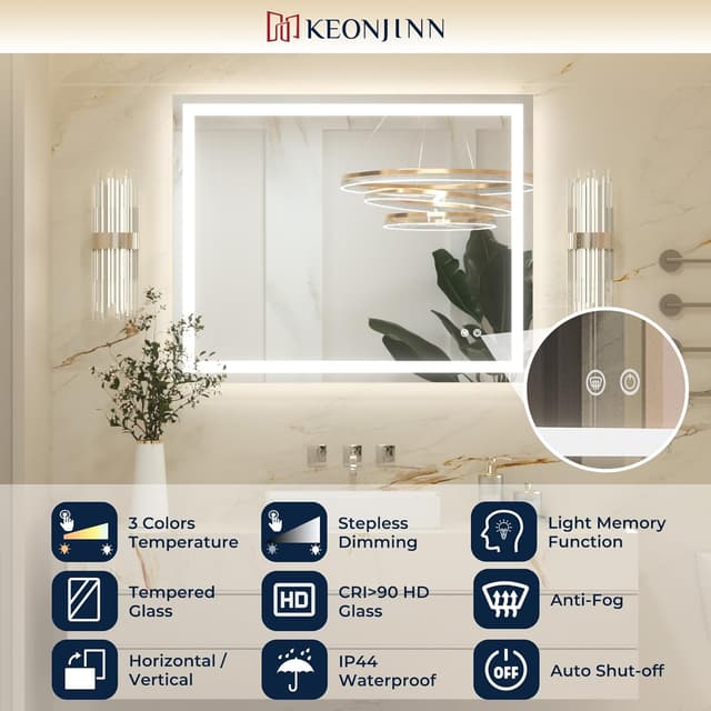 Detalle de Keonjinn Badspiegel mit Beleuchtung 120x80 cm – LED, Anti-Beschlag, Touch & 3 Lichtfarben