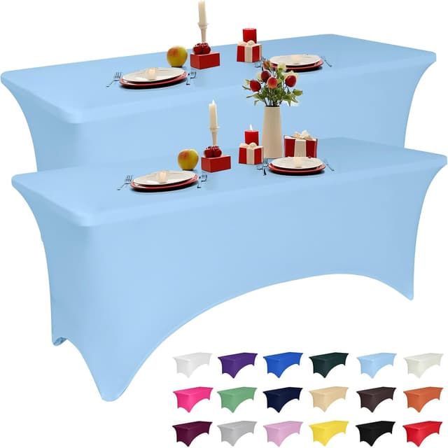 Detalle de 2 Pack 6-Foot Light Blue Spandex Tablecloth (Rectangular Tables) — Fitted Stretch, Wrinkle-Resistant, Washable
