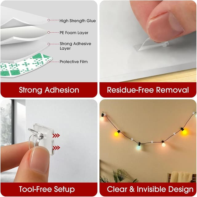 Detalle 2 de 60PCS Adhesive Cable Clips – heavy-duty clear cord organisers for wall, desk, LED & small car setups