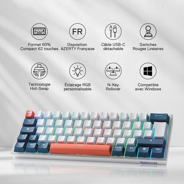 Detalle de Redragon K617 clavier mécanique filaire 60% RVB RVB rouge linéaire – AZERTY FR