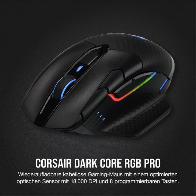 Detalle de CORSAIR DARK CORE RGB PRO Wireless Gaming-Maus mit Sub-1ms Slipstream & iCUE – 18.000 DPI, 8 programmierbare Tasten
