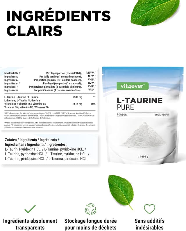 Detalle de Poudre de taurine L-Taurine 99% végétalienne – 1000 g (1 kg), dosage 2500 mg par portion