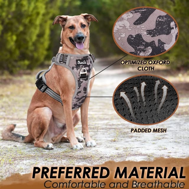 Detalle de Eyein No Pull Dog Harness Large (Camo Grey) – front clip control, padded handle & reflective straps