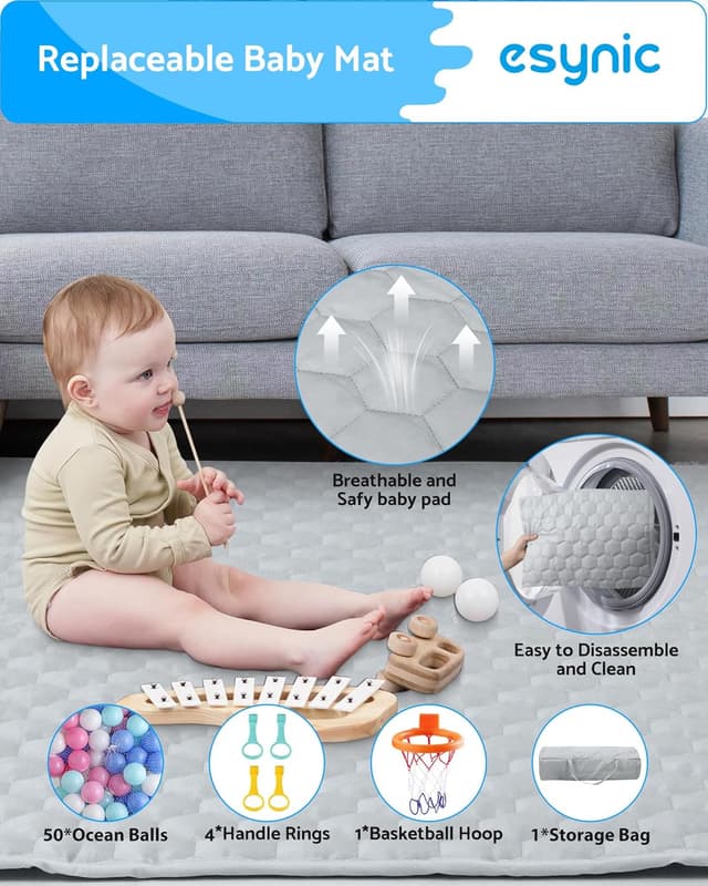 Detalle de eSynic Large Foldable Baby Playpen (127 x 127cm) with Soft Mat, 50 Balls & Hoop