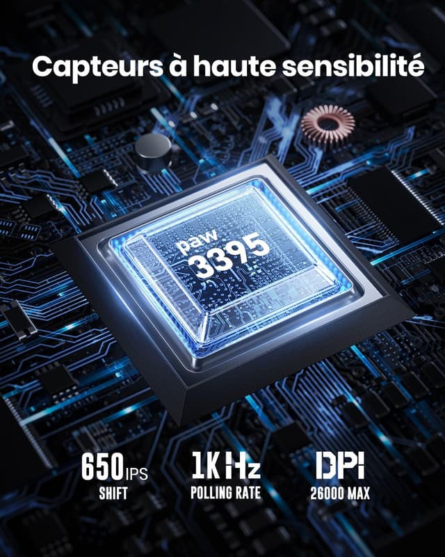 Detalle de GravaStar Mercury M2 – Souris MMO filaire/sans fil avec capteur optique 26 000 DPI, 5 boutons programmables et éclairage RVB Dynamic Lightsync