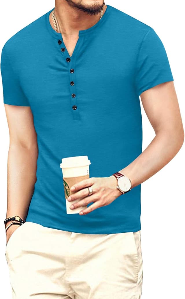 Detalle de KUYIGO Herren Henley Slim-Fit T-Shirt aus Baumwolle (Kurzarm, 7 Knöpfe)