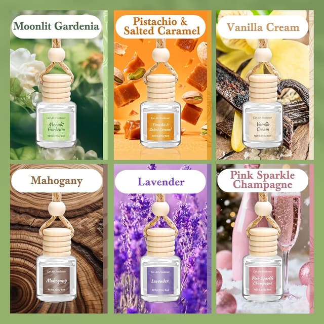 Detalle de Vetuslumen 6-Pack Car Air Freshener for Women (8ml Each) — Hanging Glass Diffuser with Slow-Release Essential Oil Scents