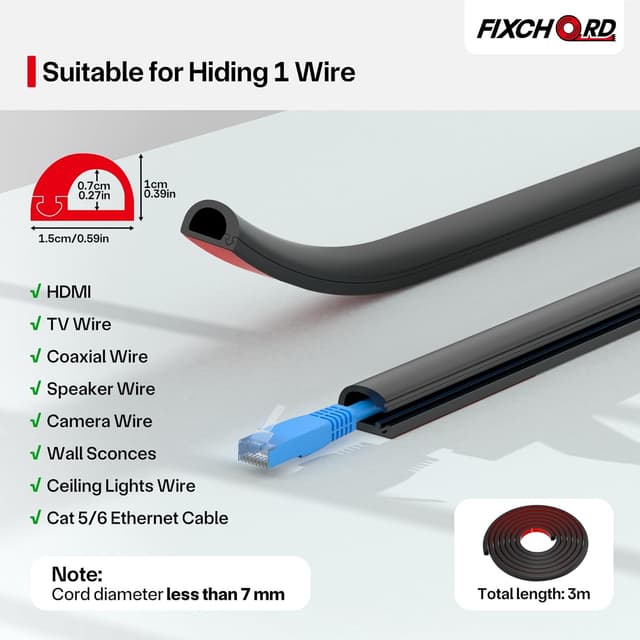 Detalle de FIXCHORD Mini Self-Adhesive Cable Trunking (15mm x 10mm x 3m) – Black