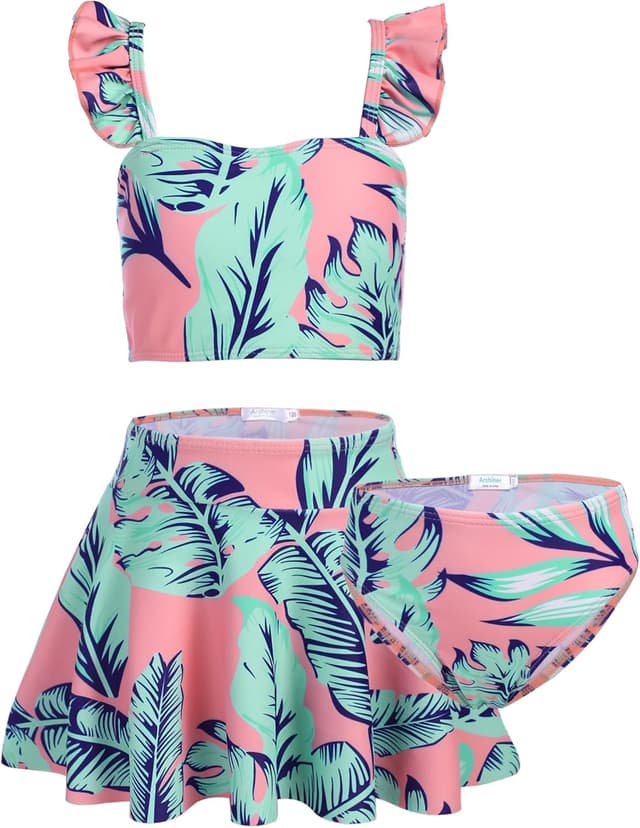 Detalle 2 de Ensemble maillot de bain fille 3 pièces Arshiner (tankini à volants avec jupe sirène) bleu 120/5-6 ans