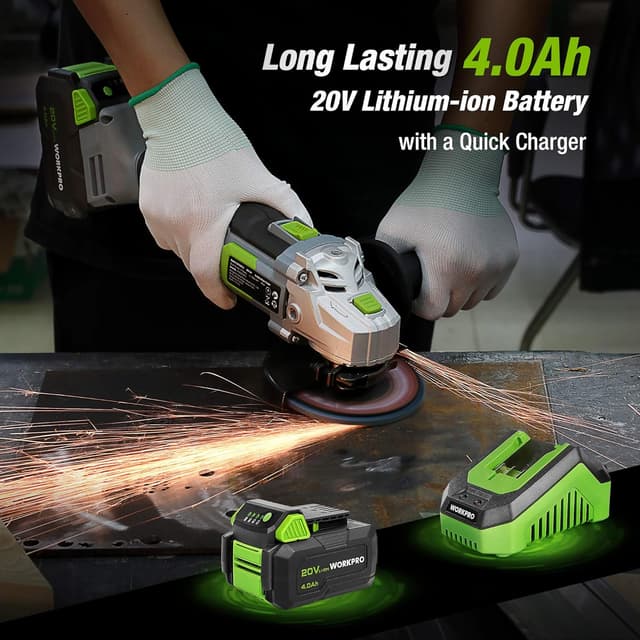 Detalle de WORKPRO 20V Cordless Angle Grinder (125 mm) with 4.0Ah battery, fast charger and 5 cutting wheels