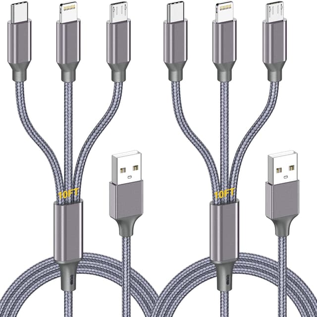 Detalle de Multi Charging Cable (10ft 2-Pack) – 3-in-1 USB Charger Cord for Type-C, Micro USB, and Lightning Devices