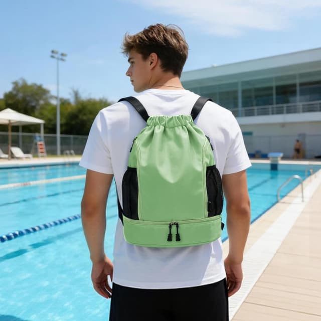 Detalle 2 de RainFlowwer Waterproof Drawstring Gym Bag with Shoe Compartment (Large) – Sports Backpack for Gym, Travel, Hiking & Daily Use