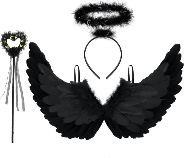 Detalle de Newthinking Angel Wings and Halo Costume Set (Black) for Adults & Kids, 65 x 35cm