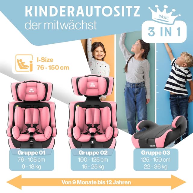 Detalle 2 de KIDIZ Autokindersitz i-Size R129 100–150 cm (bis 12 Jahre), Autokindersitz Gruppe 1/2/3 ohne ISOFIX – Rosa
