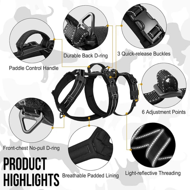 Detalle de Escape-Proof Dog Harness Medium with Large Handle (Black, XL) – Anti-Pull Reflective Working Vest