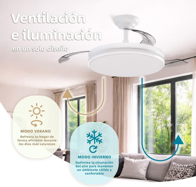 Detalle de Ventilador de techo LEDUNI con luz, mando y motor DC 30W de 6 velocidades (50 cm, blanco mate)