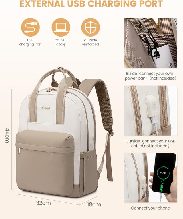 Detalle de LOVEVOOK Rucksack Damen für 15,6 Zoll Laptop – wasserdichter Tagesrucksack mit USB-Anschluss