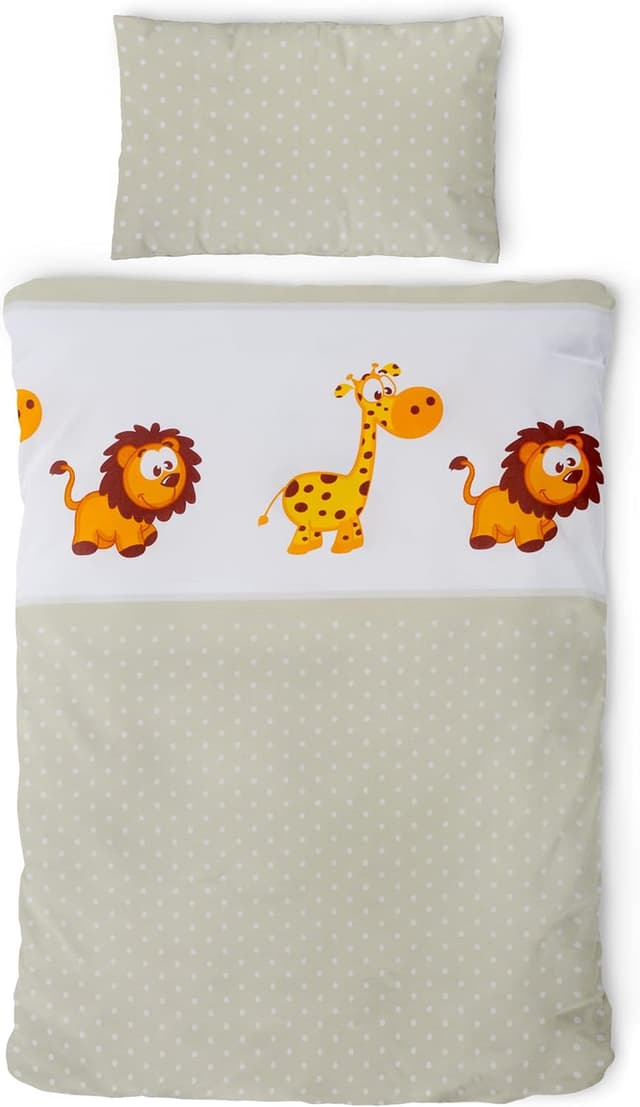 Detalle de Gräfenstayn® 2-tlg. Kinderbettwäsche-Set Giraffe & Löwe, 100% Baumwolle Renforcé, mit integriertem Reißverschluss (135x100 & 60x40)
