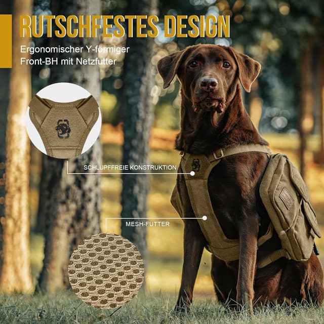 Detalle 2 de OneTigris Hoppy Camper 3.0 Hundegeschirr mit Tasche für Camping & Wandern (Retro-Look, braun, L)