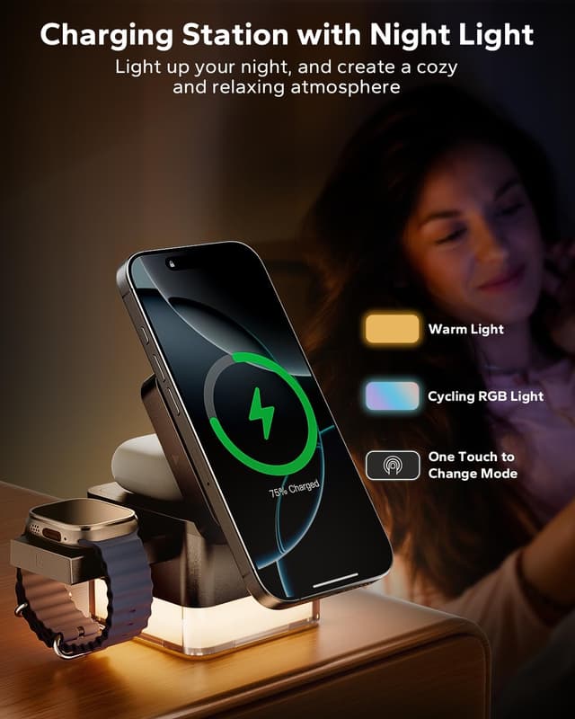 Detalle de KPON Nightstand Charging Station (15W) — 3-in-1 MagSafe Wireless Charger Stand with Night Lamp