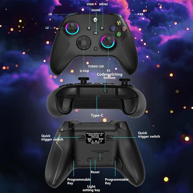Detalle 2 de YUYIU 2.4GHz Wireless Controller for Xbox (7-Color RGB, Dual Vibration, 3.5mm Audio Jack, 1000mAh)