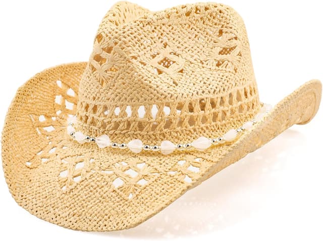 Detalle de WQWOVRVO straw cowboy hat with shapeable wide brim (white/black) for women and men