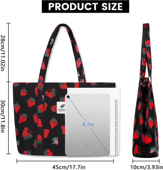 Detalle de YAMEIZE Strawberry Tote Bag for Women & Girls – Large Nylon Cherry & Strawberry Shoulder Tote with Inner Pocket