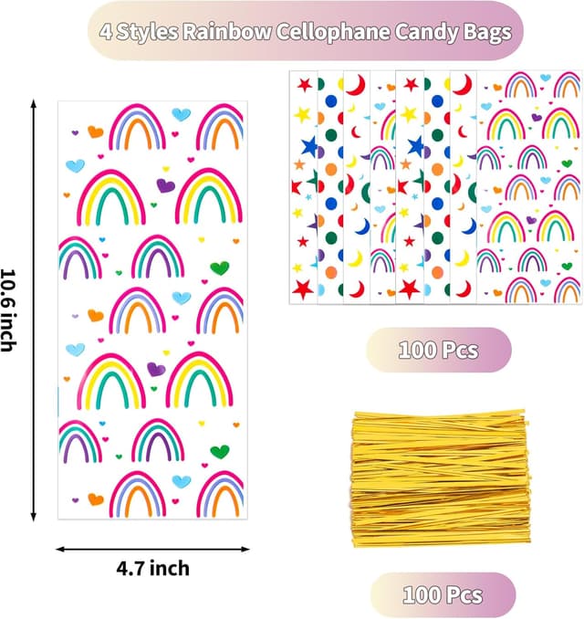 Thumbnail 1 de 100 Pcs Cellophane Treat Bags Rainbow Stars and Dots ⌛🎉