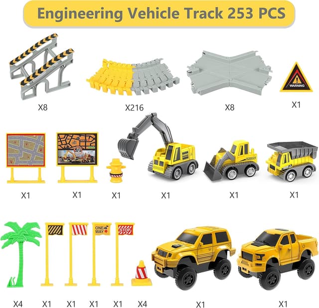 Detalle de Kids Construction Race Tracks Toy Set (253 PCS) with Flexible Track, Cars & Trucks – Age 3–8