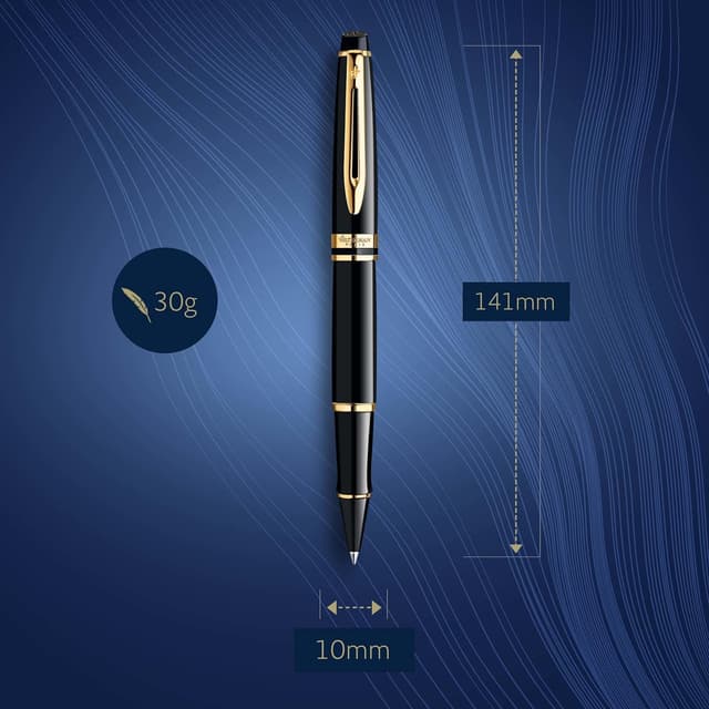 Detalle de Waterman Expert Tintenroller im hochglänzenden Schwarz mit 23-K-Gold-Zierteilen (feine Spitze) – in Geschenkbox